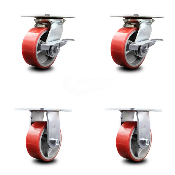5 Inch Red Poly on Cast Iron Caster Set with Ball Bearing 2 Brakes and 2 Rigid